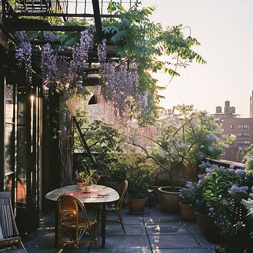 Glycines en fleurs sur une terrasse en pierre, apportant de la couleur et de la vivacité au jardin extérieur